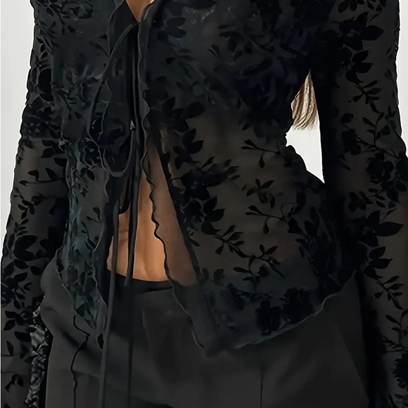 Black Sheer Blouse with Floral Design NWOT - Picture 2 of 8